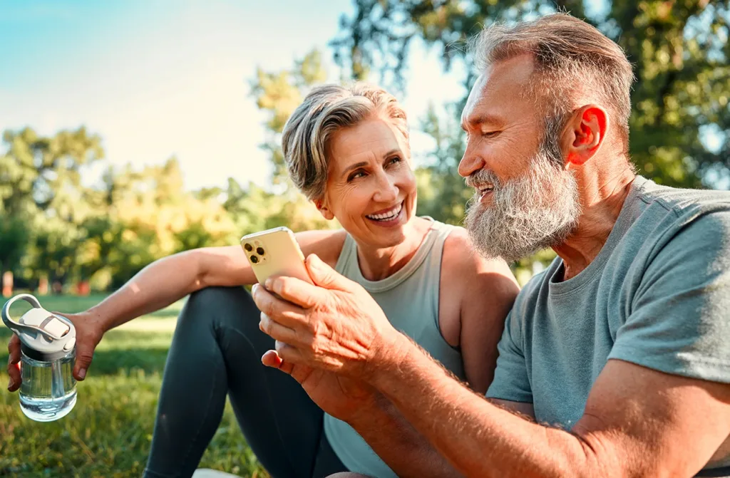 Two happy, healthy, active seniors dressed in workout clothes sitting down in grass at a public park after completing a morning workout together. Man showing health app on smartphone explaining how his hearing aids with health tracking work while woman holding water bottle, smiles and listens.